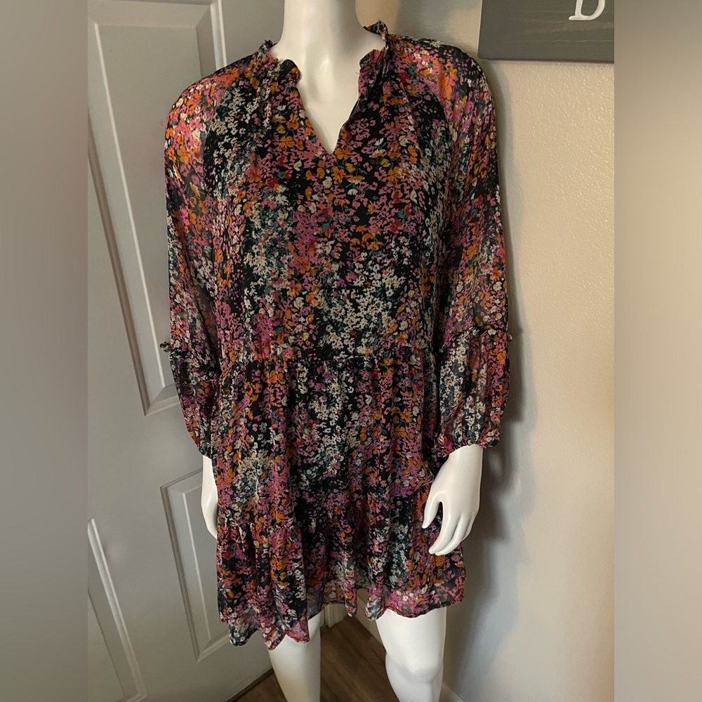 XXL Vince Camuto Black Floral Long Sleeve Babydoll Dress